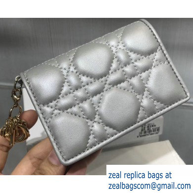 Lady Dior Card Holder with Flap in Cannage Lambskin Pearl Gray