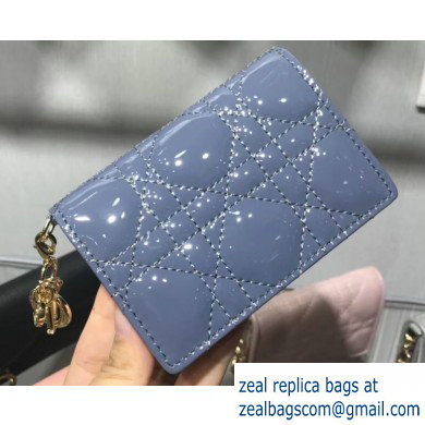 Lady Dior Card Holder with Flap in Cannage Patent Denim Blue