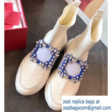 Roger Vivier Viv' Run Strass Buckle Stretch Booties White/Blue 2019