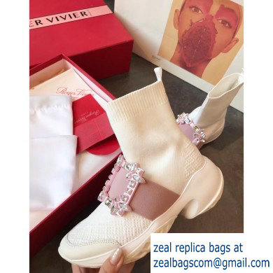 Roger Vivier Viv' Run Strass Buckle Stretch Booties White/Pink 2019 - Click Image to Close