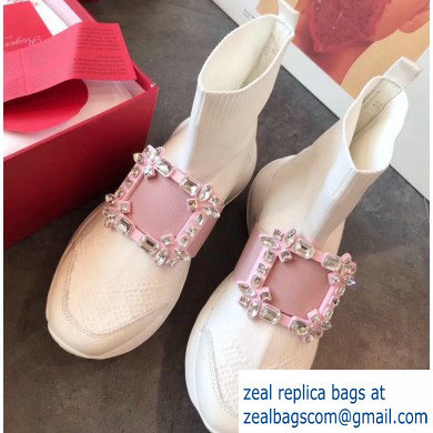 Roger Vivier Viv' Run Strass Buckle Stretch Booties White/Pink 2019