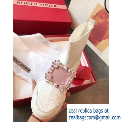 Roger Vivier Viv' Run Strass Buckle Stretch Booties White/Pink 2019