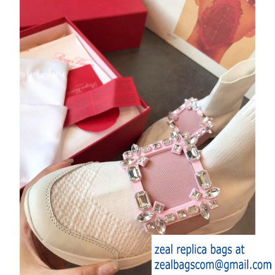 Roger Vivier Viv' Run Strass Buckle Stretch Booties White/Pink 2019