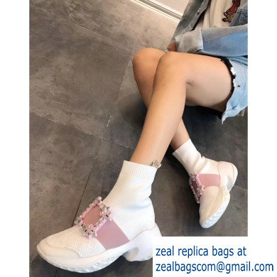 Roger Vivier Viv' Run Strass Buckle Stretch Booties White/Pink 2019