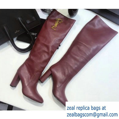 Saint Laurent Heel 9.5cm High Boots Burgundy/YSL Logo 2019 - Click Image to Close