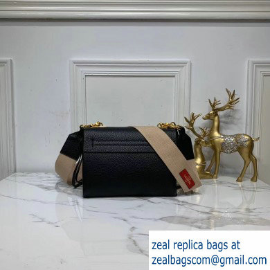 Valentino Grained Calfskin Small VRing Shoulder Bag Black with Two Shoulder Strap 2019