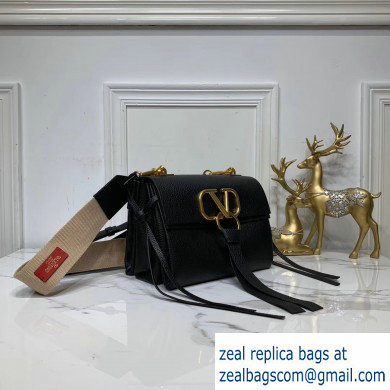 Valentino Grained Calfskin Small VRing Shoulder Bag Black with Two Shoulder Strap 2019
