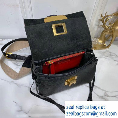 Valentino Grained Calfskin Small VRing Shoulder Bag Black with Two Shoulder Strap 2019