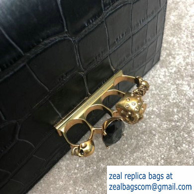 Alexander Mcqueen Jewelled Satchel Bag Embossed Croc Black/Gold