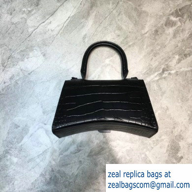 Balenciaga Hourglass Small Top Handle Bag in Crocodile Embossed Calfskin Black