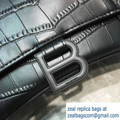 Balenciaga Hourglass Small Top Handle Bag in Crocodile Embossed Calfskin Black