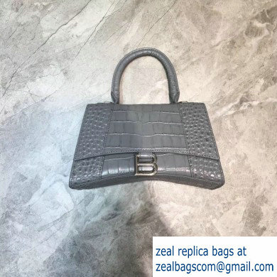 Balenciaga Hourglass Small Top Handle Bag in Crocodile Embossed Calfskin Gray