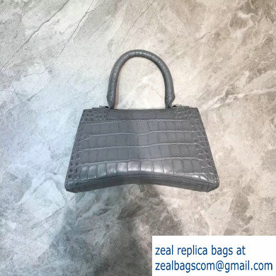 Balenciaga Hourglass Small Top Handle Bag in Crocodile Embossed Calfskin Gray