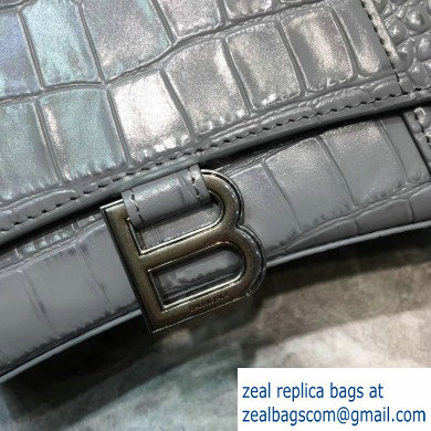 Balenciaga Hourglass Small Top Handle Bag in Crocodile Embossed Calfskin Gray