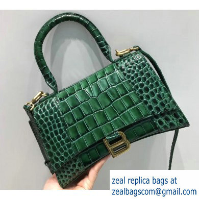 Balenciaga Hourglass Small Top Handle Bag in Crocodile Embossed Calfskin Green