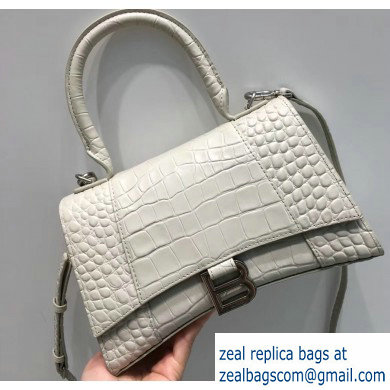 Balenciaga Hourglass Small Top Handle Bag in Crocodile Embossed Calfskin Off White