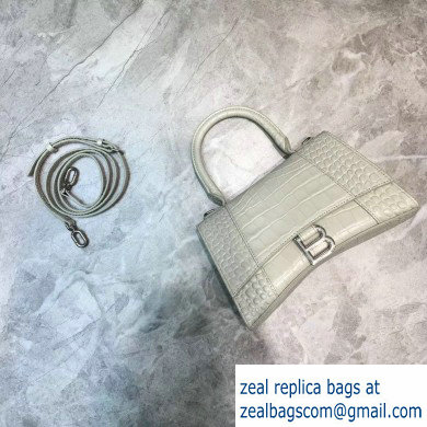 Balenciaga Hourglass Small Top Handle Bag in Crocodile Embossed Calfskin Off White