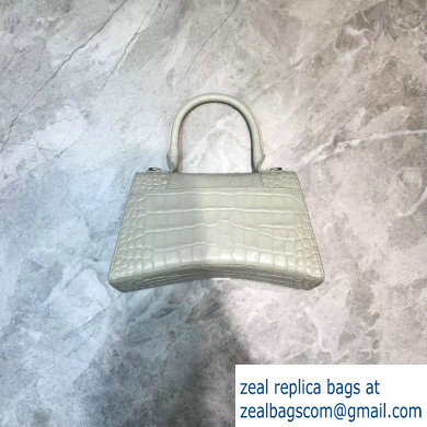 Balenciaga Hourglass Small Top Handle Bag in Crocodile Embossed Calfskin Off White