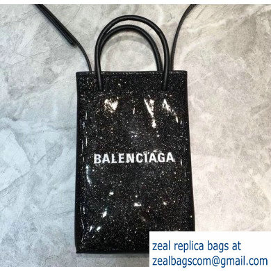 Balenciaga North-South Mini Shopping Phone Holder Bag in Patent Calfskin Black