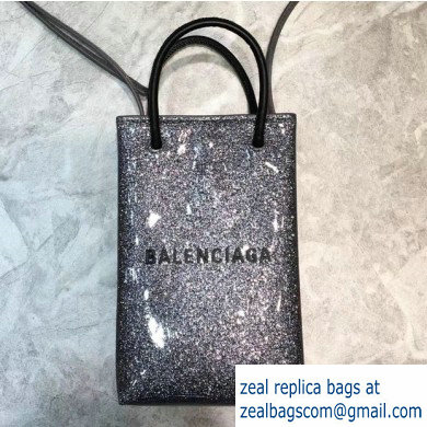 Balenciaga North-South Mini Shopping Phone Holder Bag in Patent Calfskin Gray