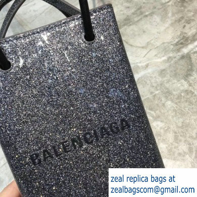 Balenciaga North-South Mini Shopping Phone Holder Bag in Patent Calfskin Gray
