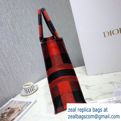 Dior Book Tote Bag in Embroidered Canvas Check Red - Click Image to Close