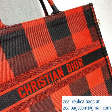 Dior Book Tote Bag in Embroidered Canvas Check Red - Click Image to Close