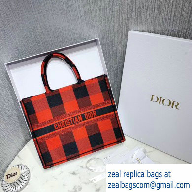 Dior Book Tote Bag in Embroidered Canvas Check Red