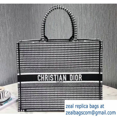 Dior Book Tote Bag in Embroidered Canvas Houndstooth Black/White