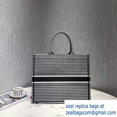 Dior Book Tote Bag in Embroidered Canvas Houndstooth Black/White