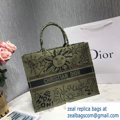 Dior Book Tote Bag in Embroidered Canvas Live Or Die Army Green