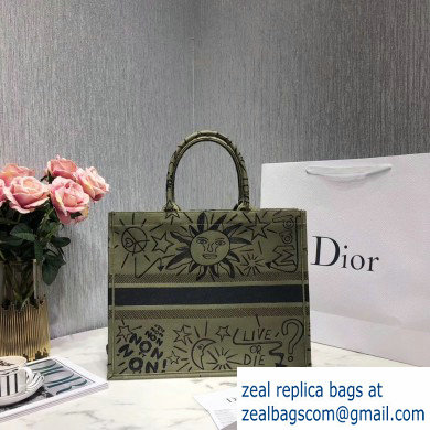 Dior Book Tote Bag in Embroidered Canvas Live Or Die Army Green