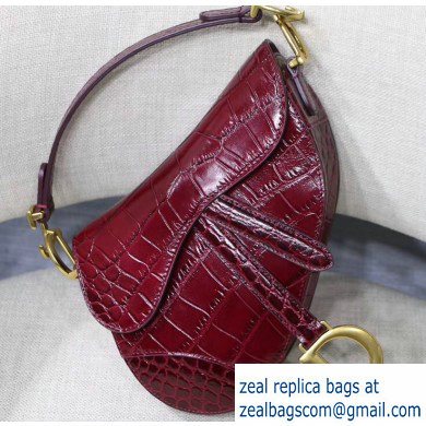 Dior Mini Saddle Bag in Croco Pattern Burgundy