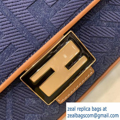 Fendi Canvas Embroidered FF Large Baguette Bag Dneim Blue 2020