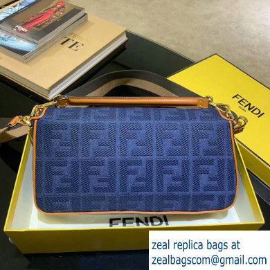 Fendi Canvas Embroidered FF Large Baguette Bag Dneim Blue 2020