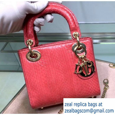 Lady Dior Mini Bag with Chain in Python Peach Red - Click Image to Close