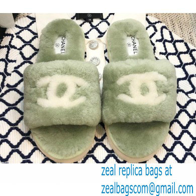 Chanel All Shearling Fur CC Logo Slipper Sandals Green 2020