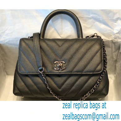 Chanel Caviar Calfskin Coco Handle Chevron Small Flap Bag Pearl Gun Color with Top Handle A92990 7147