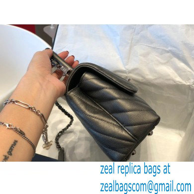 Chanel Caviar Calfskin Coco Handle Chevron Small Flap Bag Pearl Gun Color with Top Handle A92990 7147