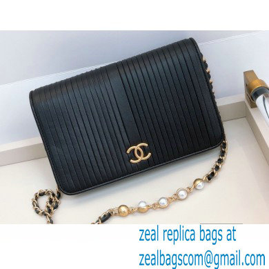 Chanel Crumpled Wallet on Chain WOC Bag Black with Pearls Chain 2020