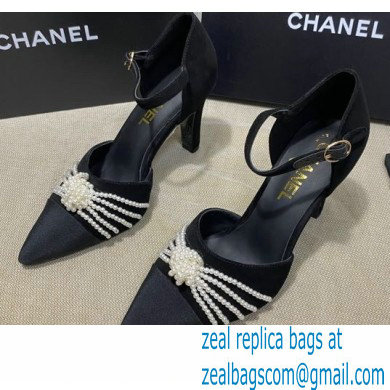 Chanel Heel 7.5cm Pearl Bow Grosgrain Pumps with Straps G36466 Suede Black 2020