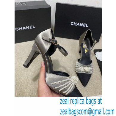 Chanel Heel 7.5cm Pearl Bow Satin and Grosgrain Pumps with Straps G36466 Gray 2020