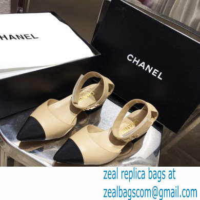 Chanel Low Heel Pumps Beige with Gold Logo Strap 2020