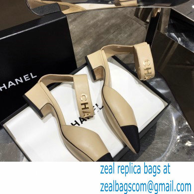 Chanel Low Heel Pumps Beige with Gold Logo Strap 2020