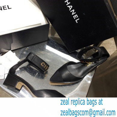 Chanel Low Heel Pumps Black with Gold Logo Strap 2020