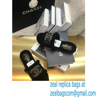 Chanel Shearling Fur Chain CC Logo Slipper Sandals Black 2020