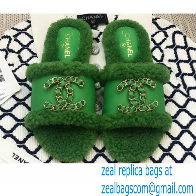 Chanel Shearling Fur Chain CC Logo Slipper Sandals Green 2020