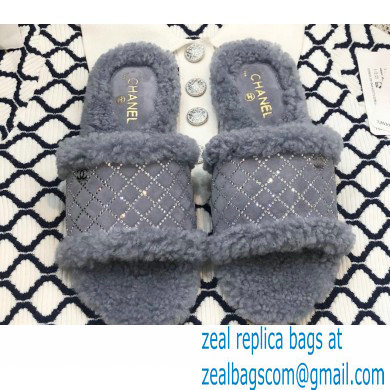 Chanel Shearling Fur Crystal Quilting Slipper Sandals Gray 2020