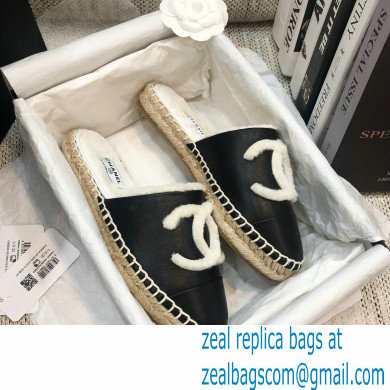 Chanel Shearling Fur Lining CC Logo Espadrilles Mules Black 2020