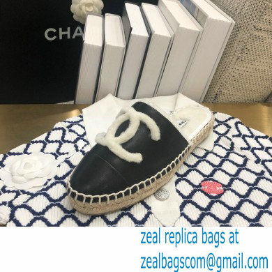 Chanel Shearling Fur Lining CC Logo Espadrilles Mules Black 2020